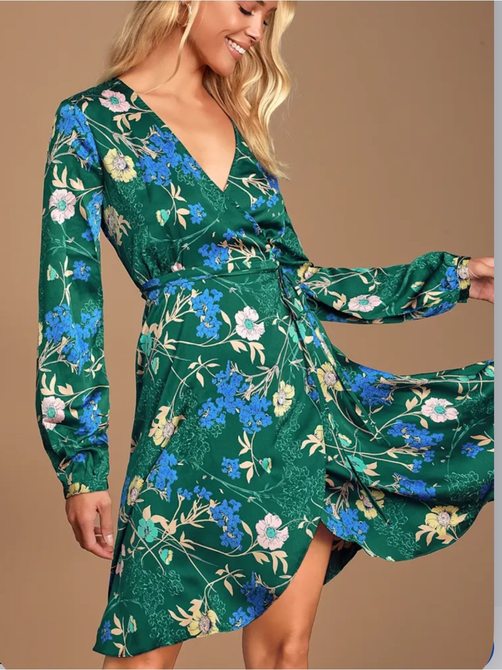 Lulu's Emerald Green Floral Wrap Dress with Blue & Cream Accents
